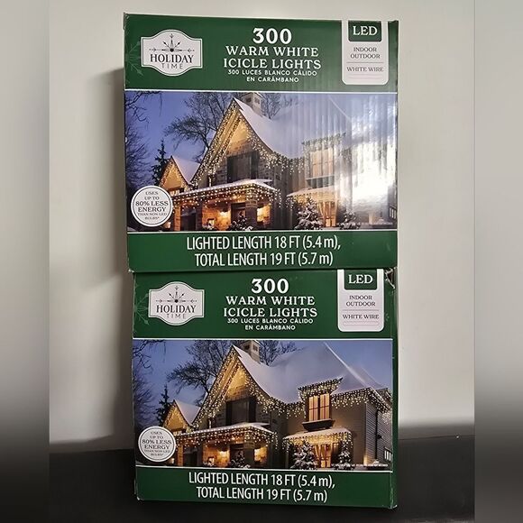 Holiday Time Christmas Lights 300 x2 Warm White Icicle Lights LED White Wire 19' - Picture 3 of 5